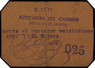 Benalúa de Guadix (Granada). Azucarera del Carmen. 25 céntimos. (KG. 146a) (RGH. 992, sin imagen ni precio). Con tampón de la "Asociación de Azucarero...