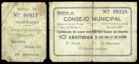 Benalúa de las Villas (Granada). Consejo Municipal. 10 y 25 céntimos. (KG. 147) (RGH. 995 y 996). Un cartón y una matriz de talonario (según Rafael Go...
