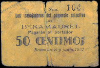 Benamaurel (Granada). Los Trabajadores del Comercio Colectivo. 50 céntimos. (KG. 148) (RGH. 1007). Nº 104. Roto y pegado en la época. Muy raro. BC-....