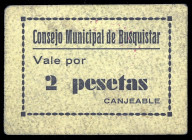 Busquístar (Granada). Consejo Municipal. 2 pesetas. (KG. 199) (RGH. falta). Cartón. Muy raro. MBC.