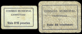 Campotejar (Granada). Consejo Municipal. 15 y 25 céntimos. (KG. 227) (RGH. 1511 y 1514). 2 cartones. Muy raros. BC+/MBC.