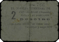 Castilléjar (Granada). Consejo Municipal. 2 pesetas. (KG. falta) (RGH. 1811). Muy raro. BC-.