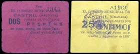 Castril (Granada). Consejo Municipal. 25 céntimos y 2 pesetas. (KG. 268 y 268b) (RGH. 1828 y 1829). Abril y noviembre. 2 billetes. Muy raros. BC+/MBC....