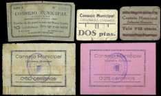 Colomera (Granada). Consejo Municipal. 10, 25 (dos), 50 céntimos y 2 pesetas. (KG. 284, 284a, 284b y falta valor) (RGH. 2000, 2002, 2003, 2006 y 2009)...
