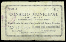 Colomera (Granada). Consejo Municipal Depositaría. 10 céntimos. (KG. 284a) (RGH. 2009). Raro. BC.