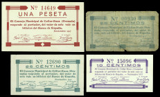 Cúllar-Baza (Granada). Consejo Municipal. 10, 25 céntimos (dos) y 1 peseta. (KG. 302a) (RGH. 2157 a 2159). Noviembre. 4 cartones, una serie completa. ...
