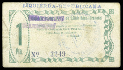 Cúllar-Baza (Granada). Izquierda Republicana en imprentilla. Casa del Pueblo. U.G.T., tachado. 1 peseta. (KG. 302b) (RGH. 2163 var). Muy raro. MBC-.