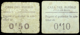 Cúllar-Baza (Granada). Casa del Pueblo. 10 y 50 céntimos. (KG. 302c) (RGH. 2151 y 2153, los dos sin imagen). 2 cartones, tampón "Sociedad de Trabajado...