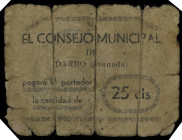 Darro (Granada). Consejo Municipal. 25 céntimos. (KG. 314) (RGH. 2195). Roto y pegado. Muy raro. RC.