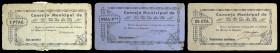 Dólar (Granada). Consejo Municipal. 25 céntimos, 1 y 2 pesetas. (KG. 318) (RGH. 2222, 2224 y 2225 los 3 sin imagen). 3 cartones, uno roto y pegado en ...