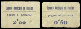 Fonelas (Granada). Consejo Municipal. 50 céntimos y 2 pesetas. (KG. 355 y falta valor) (RGH. 2472 y 2474, sin imagen). 2 cartones. Rarísimos. BC/MBC....