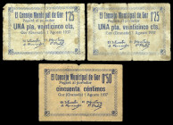 Gor (Granada). Consejo Municipal. 50 céntimos y 1,25 pesetas (dos). (KG. 388) (RHG. 2700 y 2701). 3 billetes, uno de 25 céntimos con numeración sin as...
