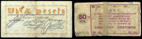 Guadix (Granada). Colectividad Sindicato Trabajadores del Comercio. U.G.T. 50 céntimos y 1 peseta. (KG. 398) (RGH. 2769 y falta). Mayo. 2 billetes, un...
