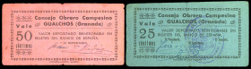 Gualchos (Granada). Consejo Obrero Campesino. U.G.T. 25 y 50 céntimos. (KG. 399 faltan valores) (RGH. 2773 y 2774). 2 billetes. Muy raros. BC/MBC-.