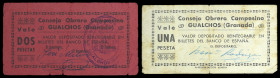 Gualchos (Granada). Consejo Obrero Campesino. U.G.T. 1 y 2 pesetas. (KG. 399) (RGH. 2775 y 2777 sin imagen). 2 billetes. Muy raros. BC/BC+.