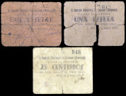 Huéscar (Granada). Consejo Municipal. 25 céntimos, 1 y 2 pesetas. (KG. 415 y 415a) (RGH. 2901, 2902 y 2904). 3 cartones, serie completa. Marzo y mayo....