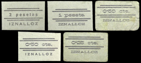 Iznalloz (Granada). Ayuntamiento del Frente Popular. 25, 50 céntimos (dos), 1 y 2 pesetas. (KG. 421) (RGH. 2963, 2965, 2965 var, 2967 y 2969 var). 5 c...