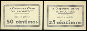 Iznalloz (Granada). Cooperativa Obrera "El Progreso". 25 y 50 céntimos. (KG. 421A) (RGH. 2970 y 2971). 2 billetes, con tampón de la Cooperativa del Fr...