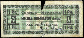 Mecina Bombarón (Granada). Consejo Municipal. 1 peseta. (KG. 484) (RGH. 3461). Roturas. Muy raro. (BC-).
