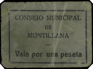 Montillana (Granada). Consejo Municipal. 1 peseta. (KG. A508) (RGH. falta). Cartón de color gris. Muy raro. BC+.