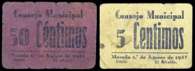 Moreda (Granada). Consejo Municipal. 5 y 50 céntimos. (KG. 514a) (RGH. 3714 y 3716). 2 cartones, el de 50 céntimos nº 0049. Muy raros. BC-/BC+.