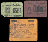 Moreda (Granada). Consejo Municipal. 25 céntimos (dos) y 1 peseta. (KG. 514 y 514a) (RGH. 3715, 3717 y falta). 3 cartones distintos. Mayo y agosto. Un...
