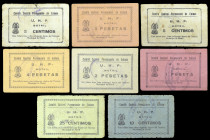 Motril (Granada). Comité Permanente de Enlace U.H.P. 5 (dos), 10, 25 céntimos, 1, 2, 4 y 5 pesetas. (KG. 518 y falta) (RGH. 3742, 3743, 3746 a 3748, 3...