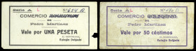 Pedro Martínez (Granada). Comercio (Colectivo tachado). 50 céntimos y 1 peseta. (Inéditos). 2 billetes, el de 50 céntimos nº 170B. Tampón de Eulogio D...