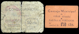 Piñar (Granada). Consejo Municipal. 50 céntimos (dos). (RGH. 4201 y falta) (KG. 588). 2 cartones. Muy raros. RC/MBC-.