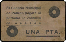 Polícar (Granada). Consejo Municipal. 1 peseta. (KG. 593) (RGH. 4228, sin imagen ni precio). Cartón. Rarísimo. MBC-.