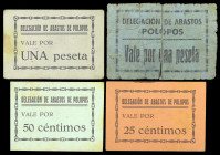 Polopos (Granada). Alcaldía. Delegación de Abastos. 25, 50 céntimos y 1 peseta (dos). (KG. 594 y falta) (RGH. 4238 a 4240 y la peseta de la segunda em...