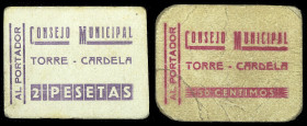 Torre-Cardela (Granada). Consejo Municipal. 50 céntimos y 2 pesetas. (KG. 737 falta valor) (RGH. 5080 y 5082). 2 cartones. Muy raros. BC+/MBC.