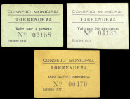 Torrenueva (Ciudad Real). Consejo Municipal. 25, 50 céntimos y 1 peseta. (KG. 742) (RGH. 5116, 5117 var y 5118). Un billete y 2 cartones. Muy raros. M...