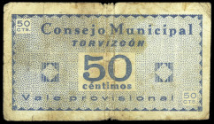 Torvizcón (Granada). Consejo Municipal. 50 céntimos. (KG. 747) (RGH. 5157). Muy raro. BC.
