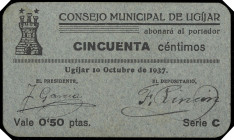 Ugíjar (Granada). Consejo Municipal. 50 céntimos. (KG. 752) (RGH. 5203). Cartón. Raro y más así. EBC+.
