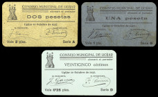 Ugíjar (Granada). Consejo Municipal. 25 céntimos, 1 y 2 pesetas. (KG. 752) (RGH. 5202, 5204 y 5205). Octubre. 3 cartones. Raros. MBC-/EBC.