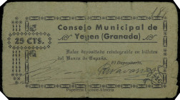 Yegen (Granada). Consejo Municipal. 25 céntimos. (KG. 834) (RGH. 5820 sin imagen). Nº 188. Rarísimo. BC.