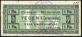 Yegen (Granada). Consejo Municipal. 1 peseta. (KG. 834) (RGH. 5819). Nº 208. Muy raro. MBC-.