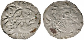 Freising, Bistum. Otto II. von Berg 1184-1220. Pfennig. Nach rechts galoppierendes Pferd, dahinter eine Rosette, außen auf Lilien ruhender Bogenrand, ...