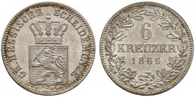 Hessen-Darmstadt. Ludwig III. 1848-1877. 6 Kreuzer 1866. AKS 126, J. 58.
 Prachtexemplar mit leichter Tönung, Stempelglanz