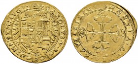 Kaufbeuren, Stadt. Goldkrone o.J. (1545). Ähnlich wie vorher, jedoch von leicht abweichenden Stempeln und mit kleineren Buchstaben in den Umschriften....