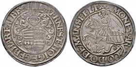 Mansfeld. Ernst II., Hoyer VI., Gebhard VII. und Albrecht VII. 1526-1531. Taler 1526 -Eisleben-. Behelmter quadrierter Wappenschild, oben zu den Seite...