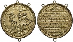 Münster, Stadt. Tragbare, vergoldete Silbermedaille 1648 unsigniert, auf den Westfälischen Frieden. Die mit einem Ölzweig bekränzte Friedensgöttin Pax...