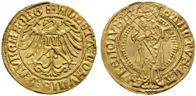 Nürnberg, Stadt. Goldgulden o.J. (ab 1496-1506). Nach links blickender Adler mit einem "N" auf Brust / St. Laurentius stehend von vorn mit Rost und Bu...