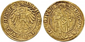 Nürnberg, Stadt. Goldgulden 1509. Nach links blickender Adler mit einem "N" auf der Brust / St. Laurentius stehend von vorn mit Rost und Buch, den Kop...