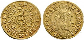 Nürnberg, Stadt. Goldgulden 1611. Adler nach links blickend mit einem "N" auf der Brust / St. Laurentius stehend von vorn mit Rost und Buch zwischen d...
