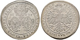 Nürnberg, Stadt. Taler 1627. Mmz. Kreuz. Drei Wappenschilde zwischen der geteilten Jahreszahl / Gekrönter Doppel­adler sowie Titulatur Kaiser Ferdinan...