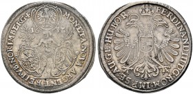 Nürnberg, Stadt. Taler 1637 (im Stempel umgeschnitten). Nach links blickender Genius ohne Flügel zwischen drei Wappen / Gekrönter Doppeladler mit Brus...