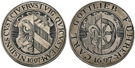 Nürnberg, Stadt. Torzeichen. Silbernes Torzeichen 1697 des Karl Gottlieb Fürer von Haimendorf. Stadtwappen / CARL-GOTTLIEB- FÜHRER-1697. Familienwappe...