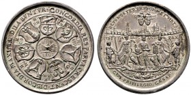 Nürnberg, Stadt. Weitere Marken und Medaillen. Silberne Ratsmedaille 1593 von Valentin Maler. Pfeilbündel im Kreis, umgeben von einem Kranz aus den mi...